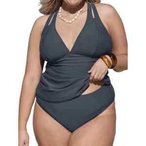 CUPSHE Women’s Tankini Set V Neck Crisscross Adjustable Straps Cutout Two Piece Swimsuit Mid Rise Ruched(P-grey)