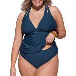 CUPSHE Women’s Tankini Set V Neck Crisscross Adjustable Straps Cutout Two Piece Swimsuit Mid Rise Ruched(P-navy Blue)