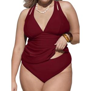CUPSHE Women’s Tankini Set V Neck Crisscross Adjustable Straps Cutout Two Piece Swimsuit Mid Rise Ruched(P-red)