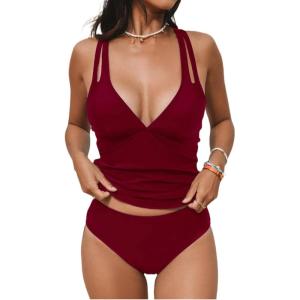 CUPSHE Women’s Tankini Set V Neck Crisscross Adjustable Straps Cutout Two Piece Swimsuit Mid Rise Ruched(Red)