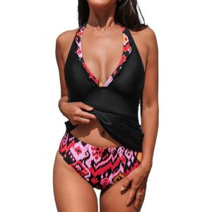 CUPSHE Women’s Tankini Sets Halter V Neck Two Piece Bathing Suits Adjustable Straps Mid Rise Swimwear(Black/Ethnic)