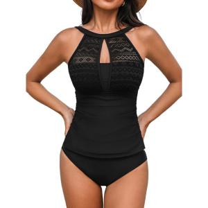 CUPSHE Women’s Tankini Sets High Neck Mesh Cutouts Two Piece Bathing Suits Adjustable Straps Mid Rise Swimwear(Black)