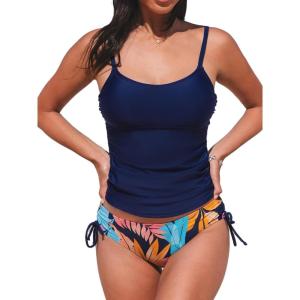 CUPSHE Women’s Tankini Sets Two Piece Swimsuit Scoop Neck Ruched Adjustable Straps Drawstring Mid Rise(Navy Blue/Tropical)
