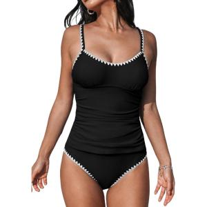 CUPSHE Women’s Tankini Sets Two Piece Swimsuit Scoop Neck Tummy Control Adjustable Straps Shell Stitched(Black)
