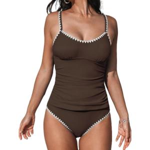 CUPSHE Women’s Tankini Sets Two Piece Swimsuit Scoop Neck Tummy Control Adjustable Straps Shell Stitched(Brown)
