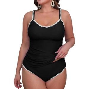CUPSHE Women’s Tankini Sets Two Piece Swimsuit Scoop Neck Tummy Control Adjustable Straps Shell Stitched(P-black)