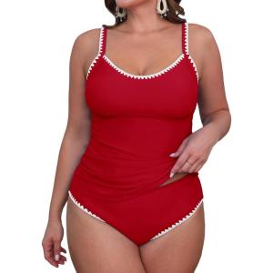 CUPSHE Women’s Tankini Sets Two Piece Swimsuit Scoop Neck Tummy Control Adjustable Straps Shell Stitched(P-red)