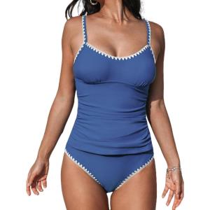 CUPSHE Women’s Tankini Sets Two Piece Swimsuit Scoop Neck Tummy Control Adjustable Straps Shell Stitched(Slate Blue)
