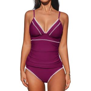 CUPSHE Women’s Tankini Sets Two Piece Swimsuit V Neck Ruched Shell Stitched Bathing Suit Spaghetti Adjustable Straps(Fuchsia)