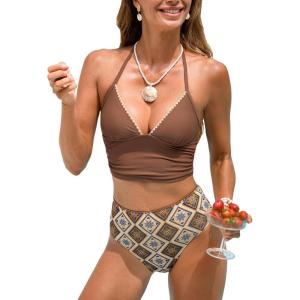 CUPSHE Women’s Tankini Sets V Neck Shell Stitch Cropped Two Piece Swimsuit Adjustable Strappy High Waisted Swimwear(Brown/Ethnic)