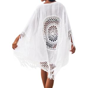 CUPSHE Women’s Tassel Long Kimono Cardigans Beach Swimsuit Bikini Cover Up(White)