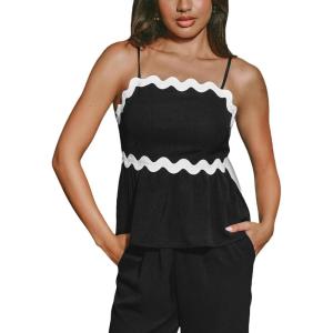 CUPSHE Womens Tops Cami Adjustable Straps Shirts Summer Flounce Hem T-Shirt S-XL(Black)