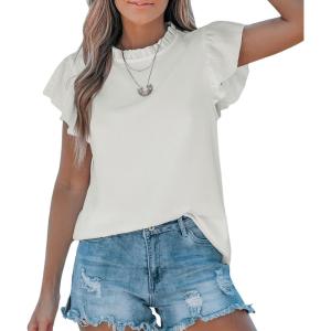 CUPSHE Women’s Tops Short Sleeve Flutter Shirts Pleated Collar Blouses Causal Dressy Summer Beach(White)