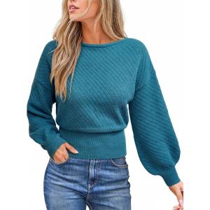 CUPSHE Women’s Trendy Knit Sweater 2025 Boatneck Puffy Sleeves Cinched Waist Pullover Tops Fall Fashion Casual Blouse(Blue)