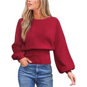 CUPSHE Women’s Trendy Knit Sweater 2025 Boatneck Puffy Sleeves Cinched Waist Pullover Tops Fall Fashion Casual Blouse(Red)