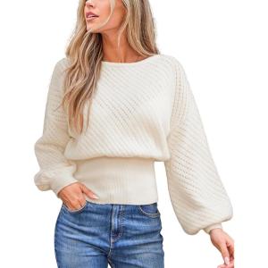 CUPSHE Women’s Trendy Knit Sweater 2025 Boatneck Puffy Sleeves Cinched Waist Pullover Tops Fall Fashion Casual Blouse(White)