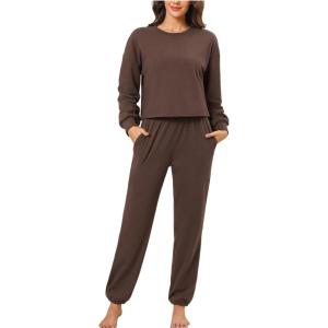 CUPSHE Women’s Two Piece Outfit Sweatsuits Set Long Sleeve Loungewear Tracksuit Jogger Set(Brown)