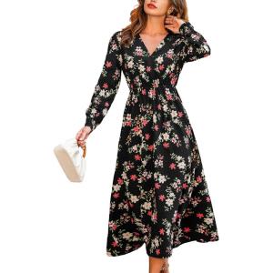 CUPSHE Women’s V Neck Floral Maxi Dress Long Sleeves Ruffle Flowy Casual Fall Dress(Black)