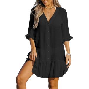 CUPSHE Women’s V Neck Ruffled Cover Up Button Down Bathing Suit Beach Dress with Short Sleeves(Black)