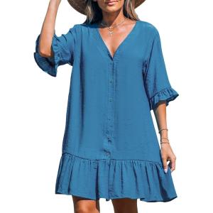 CUPSHE Women’s V Neck Ruffled Cover Up Button Down Bathing Suit Beach Dress with Short Sleeves(Dark Blue)