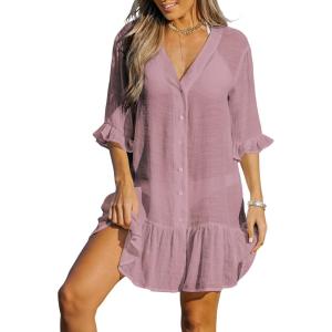 CUPSHE Women’s V Neck Ruffled Cover Up Button Down Bathing Suit Beach Dress with Short Sleeves(Pink)