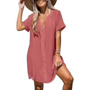 CUPSHE Women’s V Neck Ruffled Cover Up Button Down Bathing Suit Beach Dress with Short Sleeves(Red-pink)