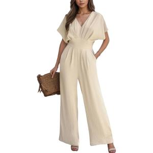 CUPSHE Womens Wide Leg Jumpsuits V-Neck Batwing Short Sleeve Summer Long Rompe Casual Outfit Pocket(Beige)