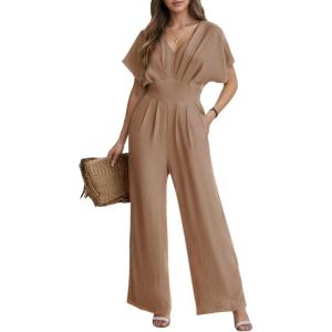 CUPSHE Womens Wide Leg Jumpsuits V-Neck Batwing Short Sleeve Summer Long Rompe Casual Outfit Pocket(Khaki)