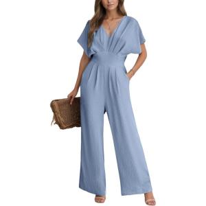 CUPSHE Womens Wide Leg Jumpsuits V-Neck Batwing Short Sleeve Summer Long Rompe Casual Outfit Pocket(Light Blue)