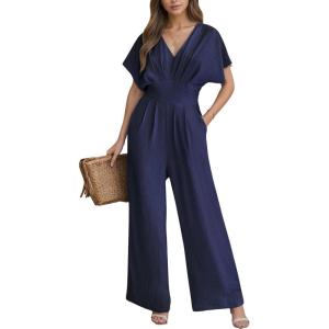 CUPSHE Womens Wide Leg Jumpsuits V-Neck Batwing Short Sleeve Summer Long Rompe Casual Outfit Pocket(Navy)