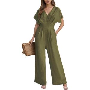 CUPSHE Womens Wide Leg Jumpsuits V-Neck Batwing Short Sleeve Summer Long Rompe Casual Outfit Pocket(Olive Green)