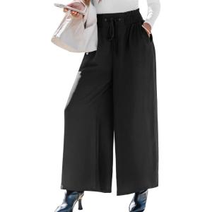 CUPSHE Womens Wide Leg Pants Elastic High Waisted Beach Trousers Cotton Linen Summer Palazzo Solid Black M