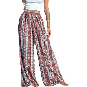 CUPSHE Women’s Wide Leg Tribal Print Smocked Pants High Elastic Waisted Bobo Pants(Red)