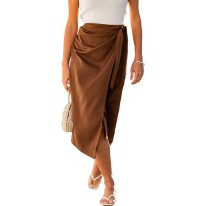 CUPSHE Women’s Wrap Front Midi Skirts Flowy Self Tie Knot A Line Skirts Long Skirt Holiday(Brown)