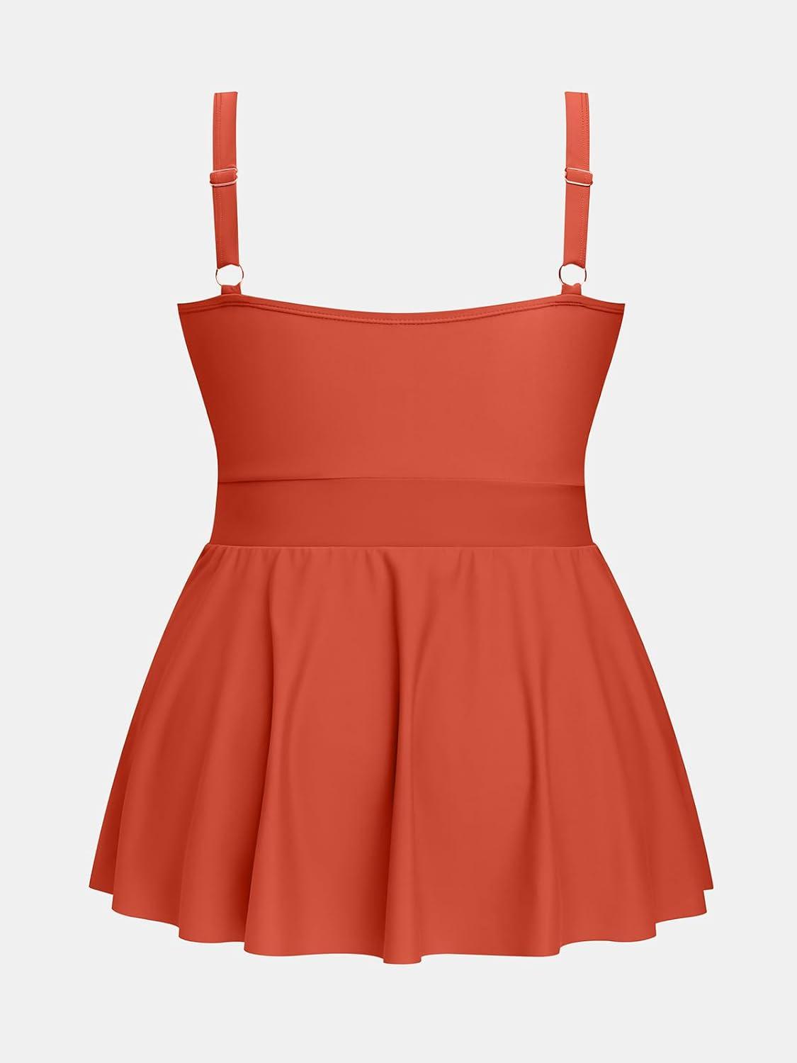 imageCUPSHE Plus Size Swimsuit for Women One Piece Bathing Suit Scoop Neck Ruffled Swim Dress Adjustable StrapsBrick Red