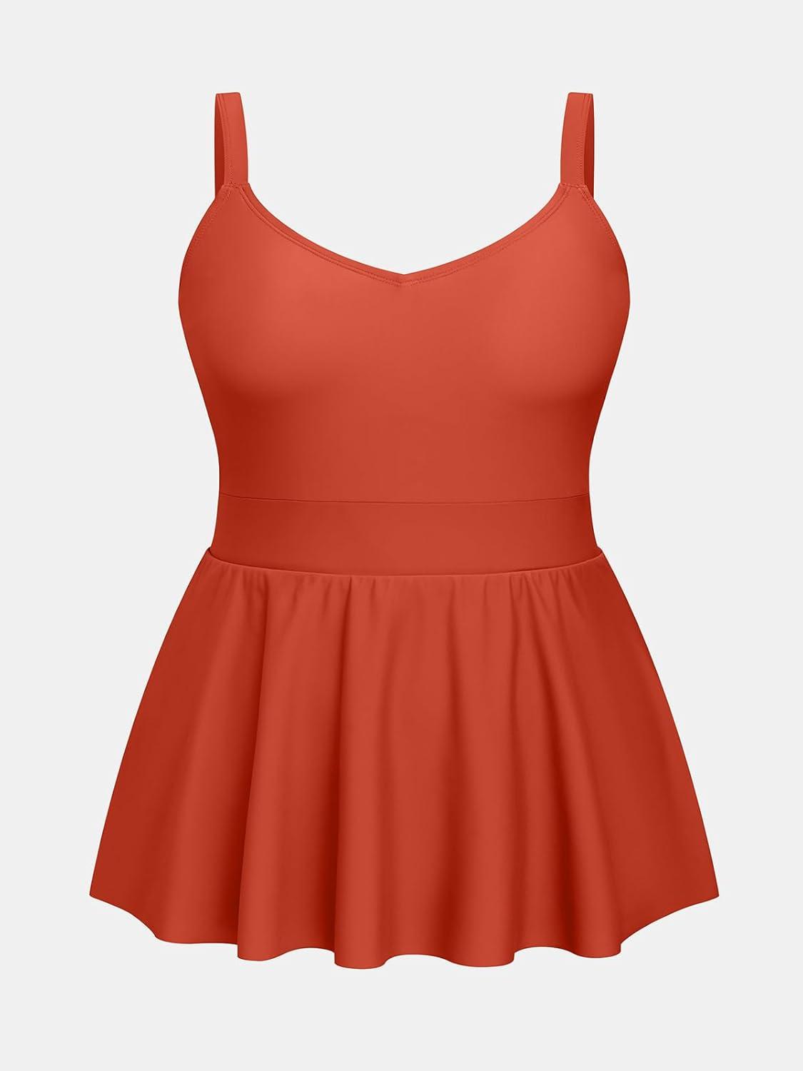 imageCUPSHE Plus Size Swimsuit for Women One Piece Bathing Suit Scoop Neck Ruffled Swim Dress Adjustable StrapsBrick Red