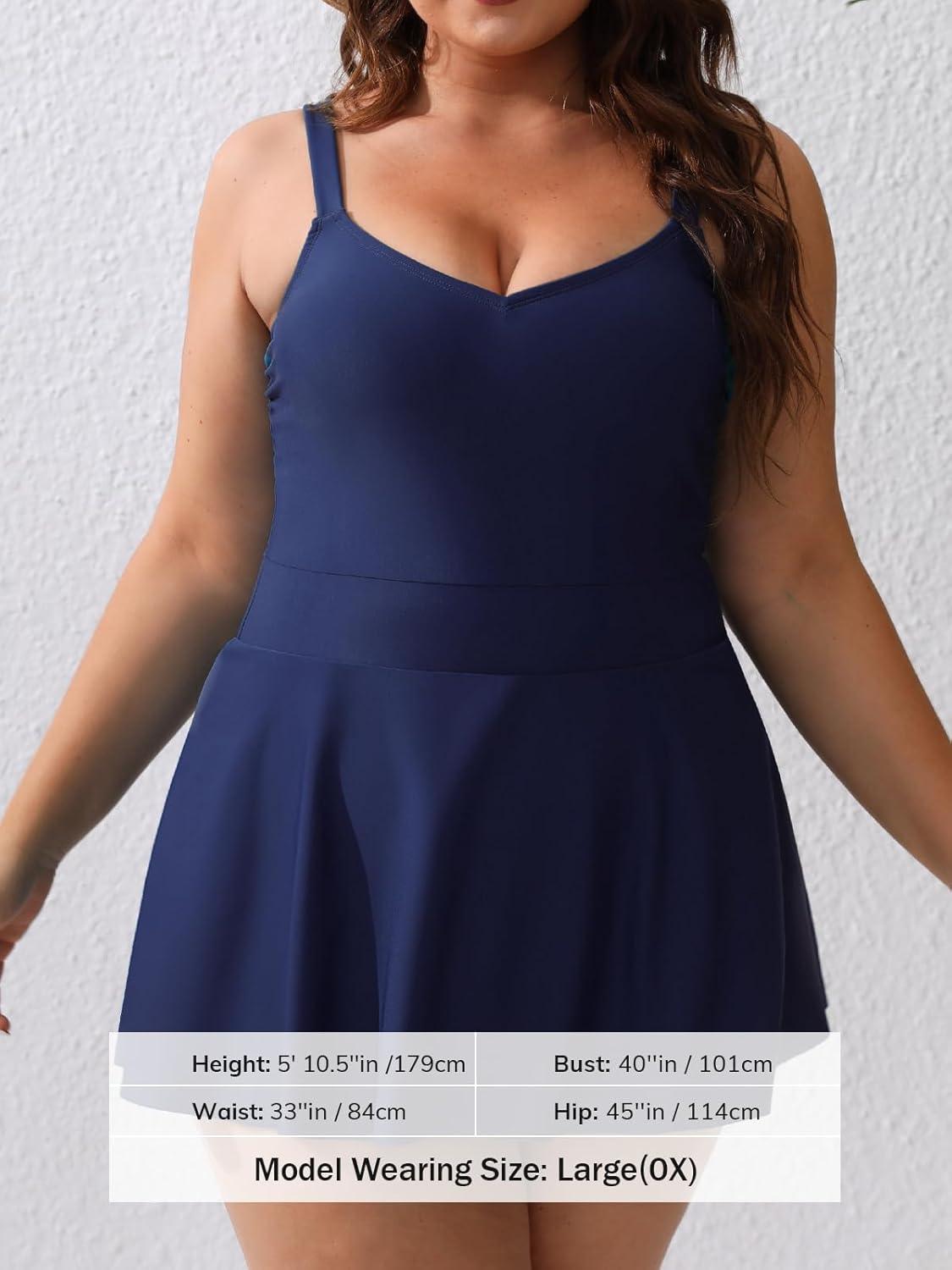 imageCUPSHE Plus Size Swimsuit for Women One Piece Bathing Suit Scoop Neck Ruffled Swim Dress Adjustable StrapsMidnight Blue