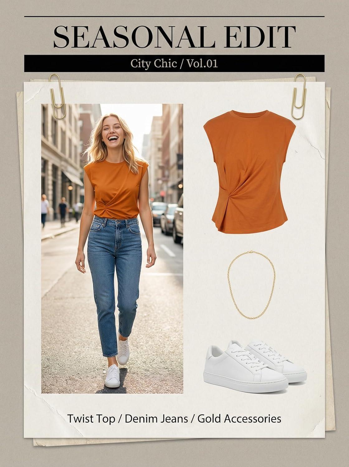 imageCUPSHE Summer Tops for Women 2026 Twist Front Blouse Mock Neck Knot Sleeveless T ShirtsOrange