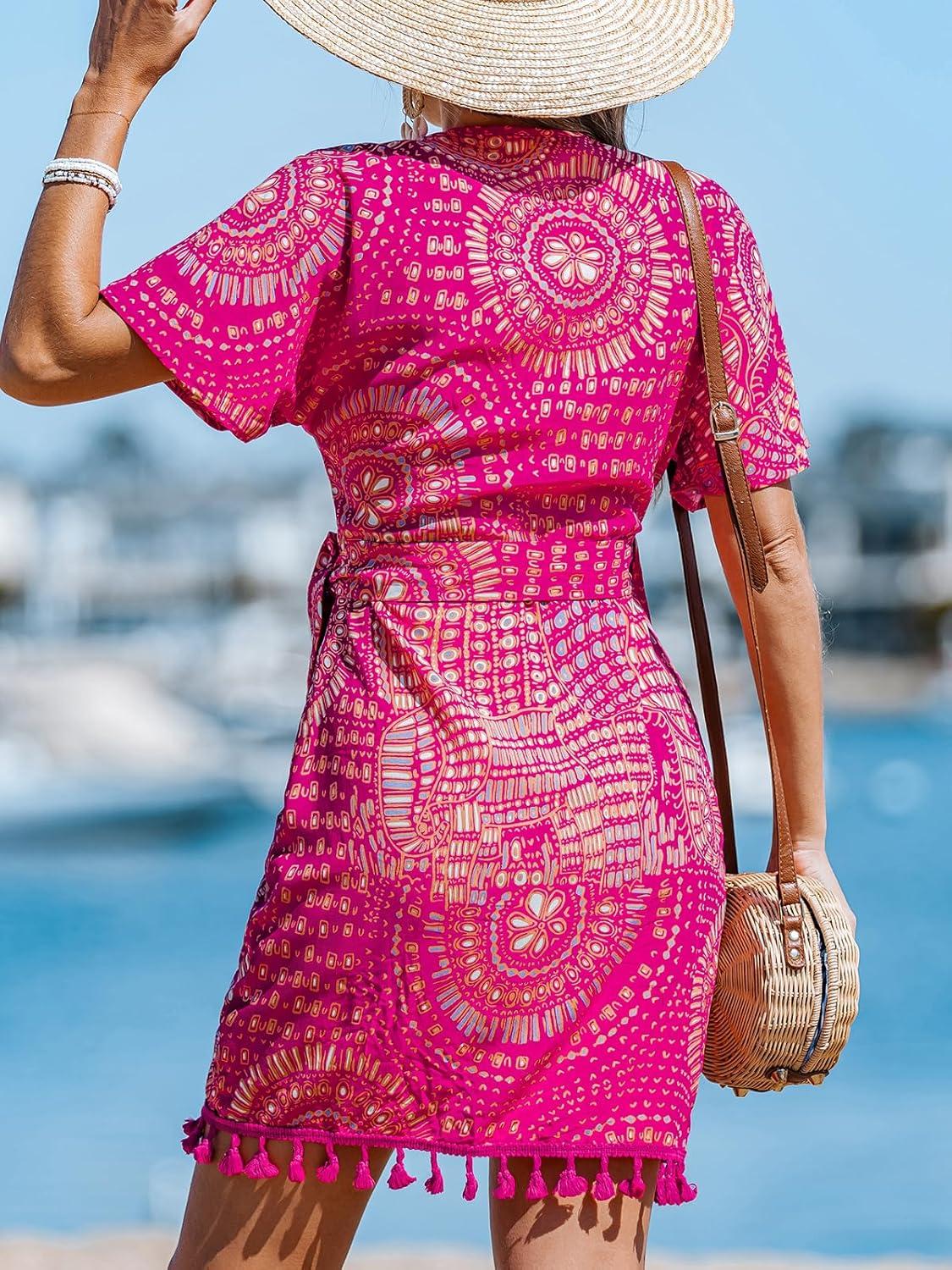 imageCUPSHE Women Bathing Suit Cover Up Sheer V Neck Short Sleeve Wrap Cover Ups for SwimwearTasselhot Pink Patterned