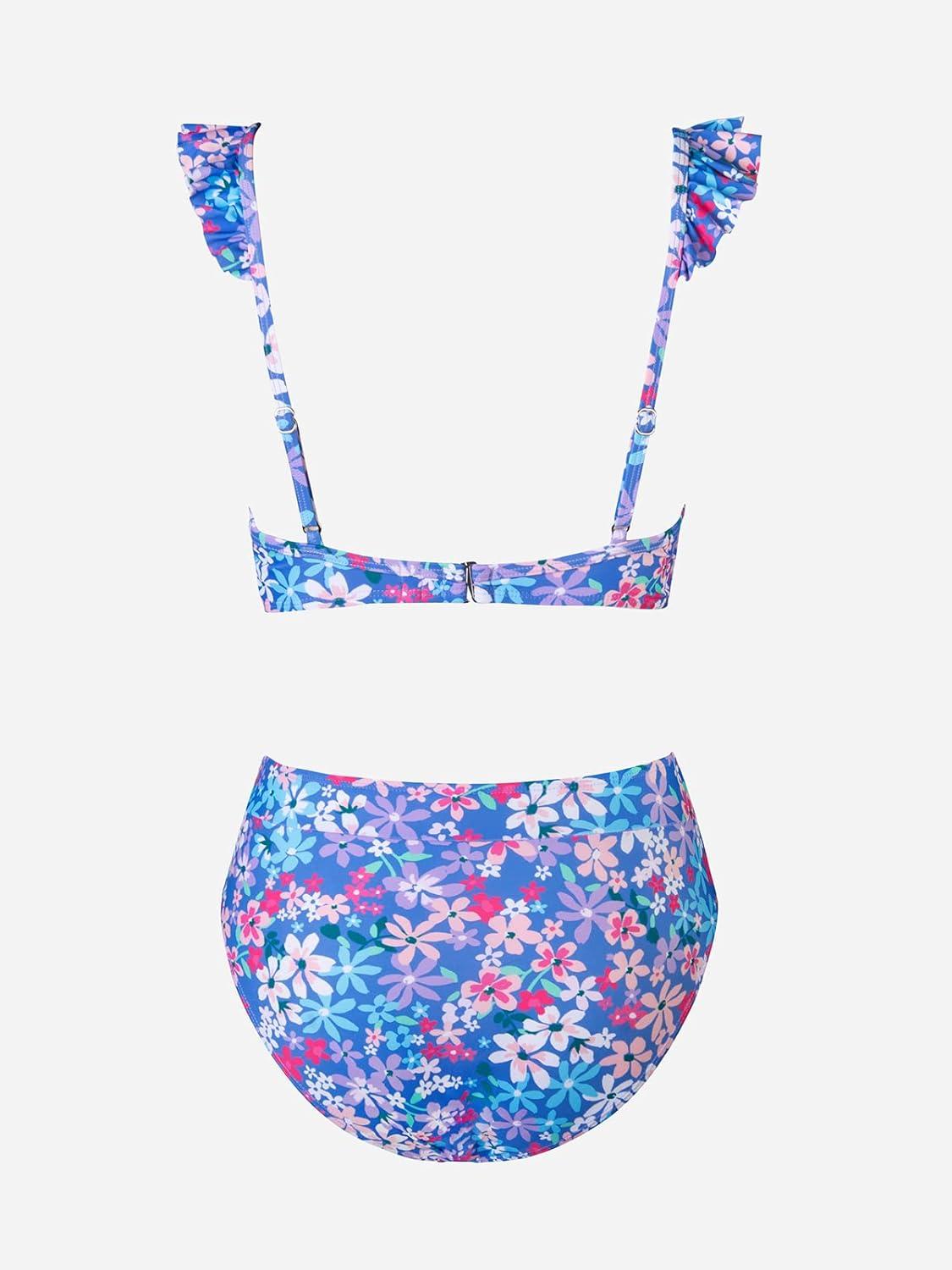 imageCUPSHE Women Bikini Sets 2 Piece Swimsuit High Waisted Bottom Floral Print Ruffle V Neck Bathing SuitsPurple