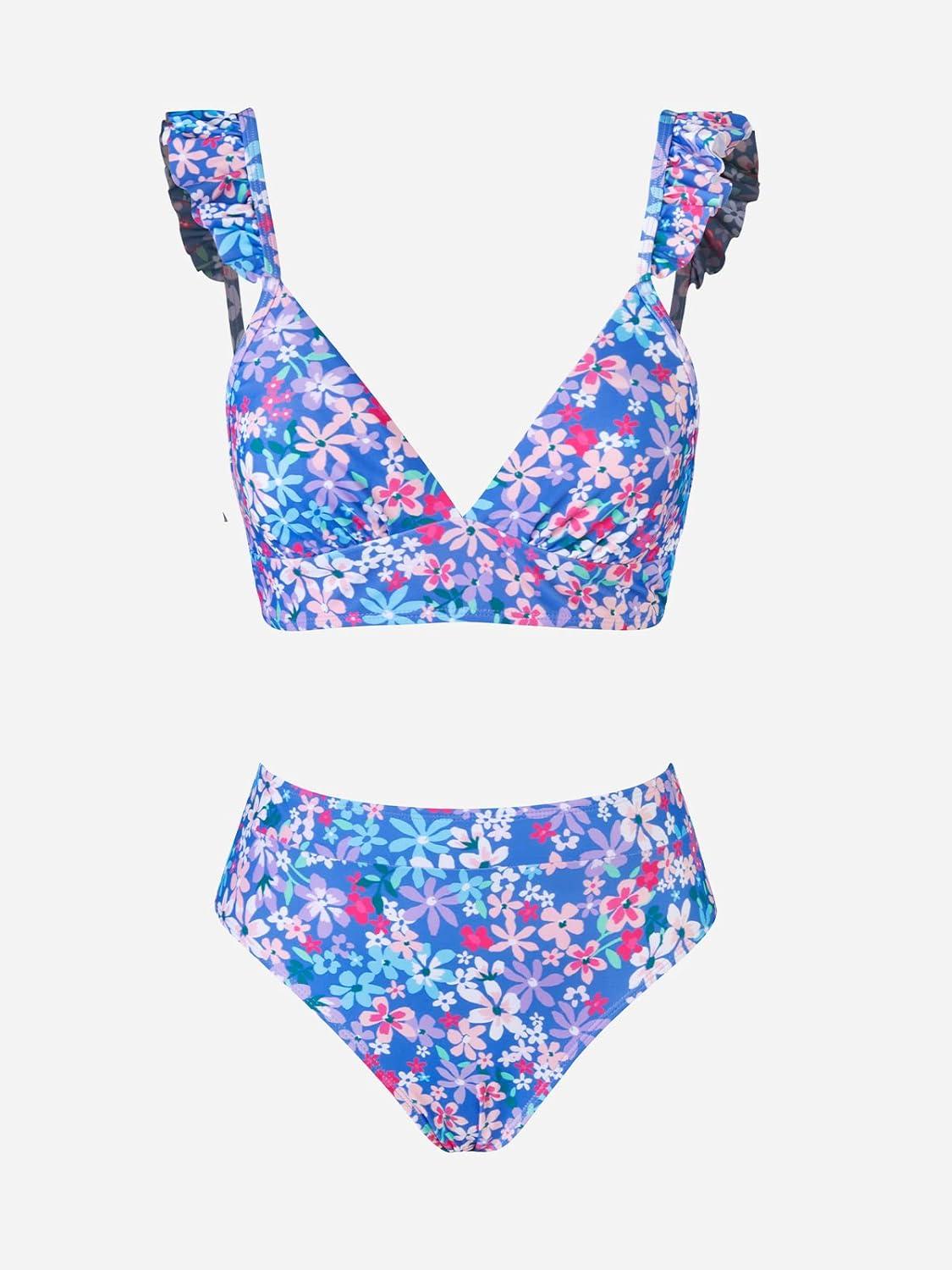 imageCUPSHE Women Bikini Sets 2 Piece Swimsuit High Waisted Bottom Floral Print Ruffle V Neck Bathing SuitsPurple