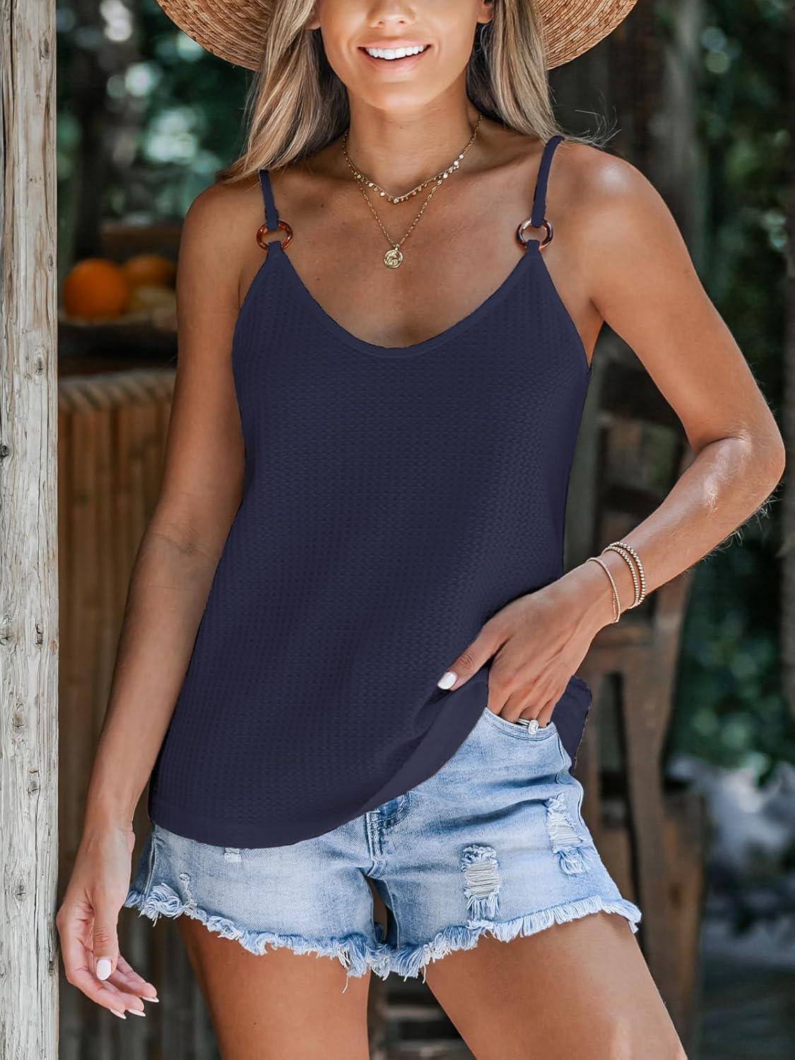 imageCUPSHE Women Loose Fit Casual Flowy Tank Tops Cami V Neck Sleeveless TshirtsBlue