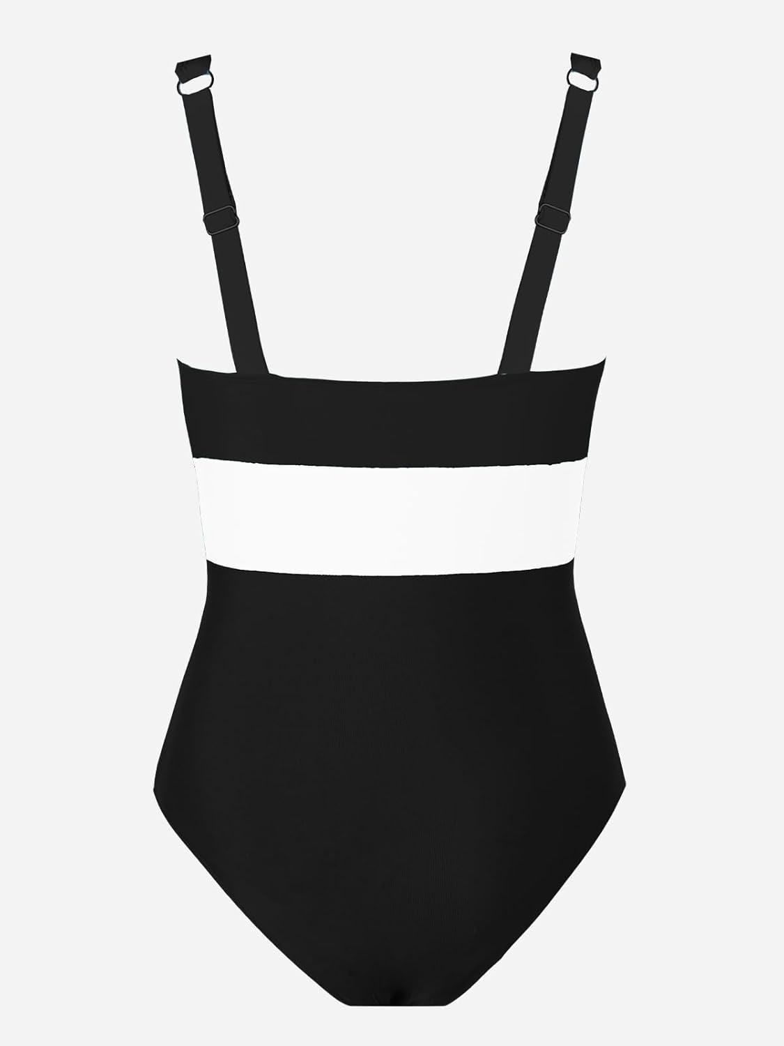 imageCUPSHE Women One Piece Swimsuit Bathing Suit Cutout V Neck Adjustable Straps Color Block O RingBlackWhite