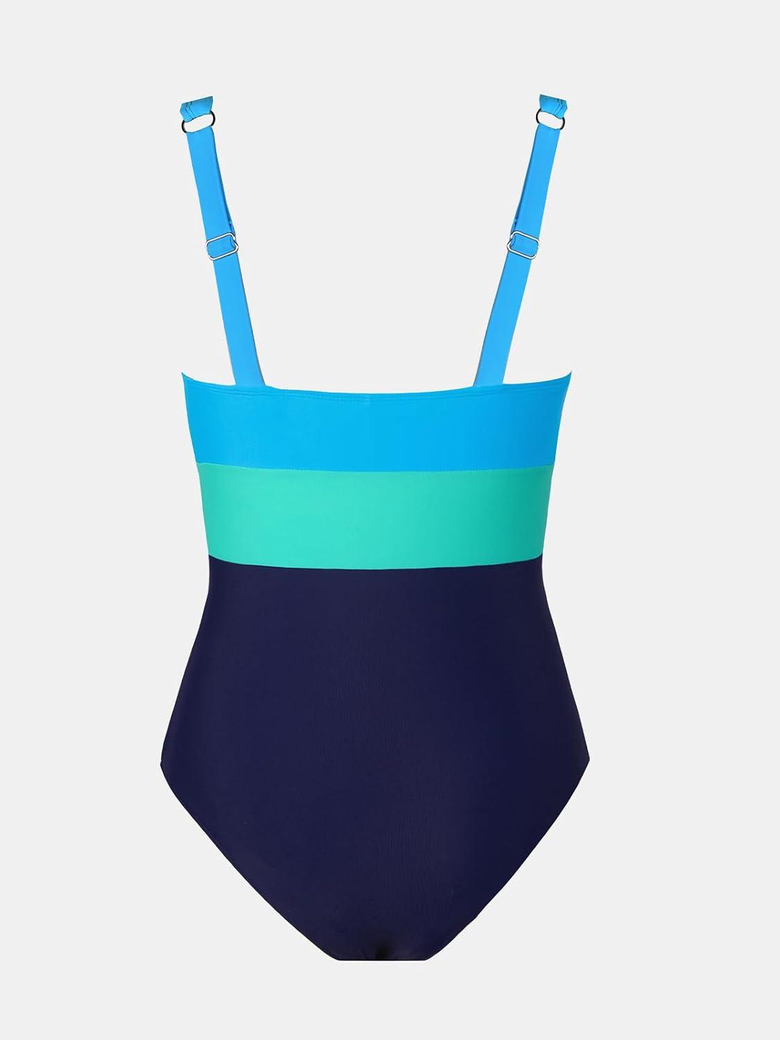 imageCUPSHE Women One Piece Swimsuit Bathing Suit Cutout V Neck Adjustable Straps Color Block O RingBlueGreen