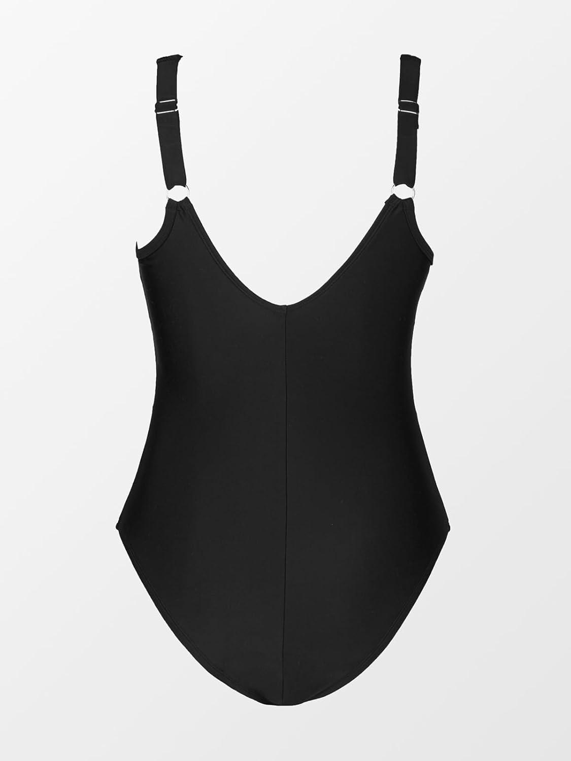 imageCUPSHE Women Plus Size One Piece Swimsuit V Neck Mesh Sheer Tummy Control Bathing Suit with Adjustable Wide StrapsBlack