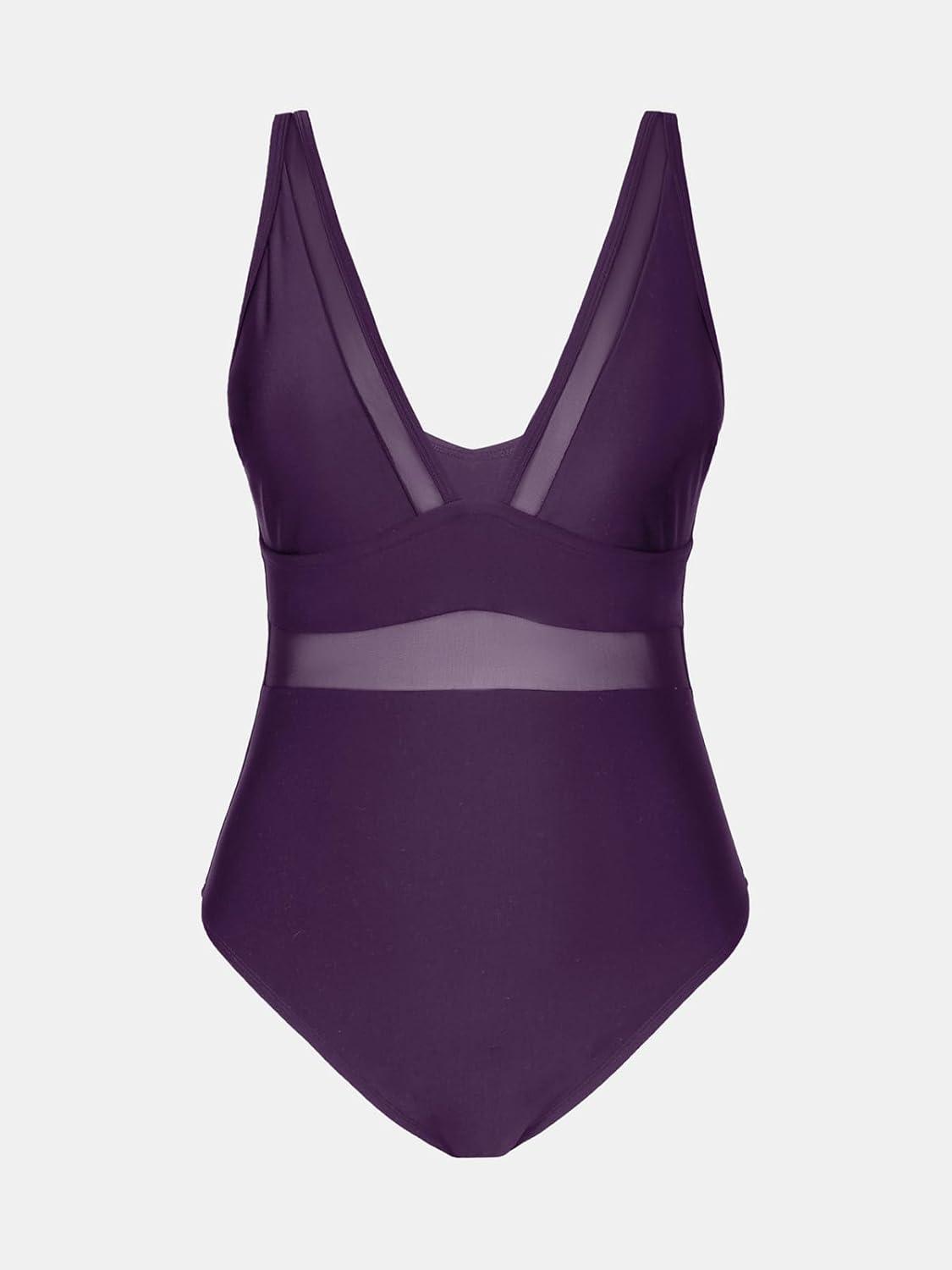 imageCUPSHE Women Plus Size One Piece Swimsuit V Neck Mesh Sheer Tummy Control Bathing Suit with Adjustable Wide StrapsBlackberry Wine