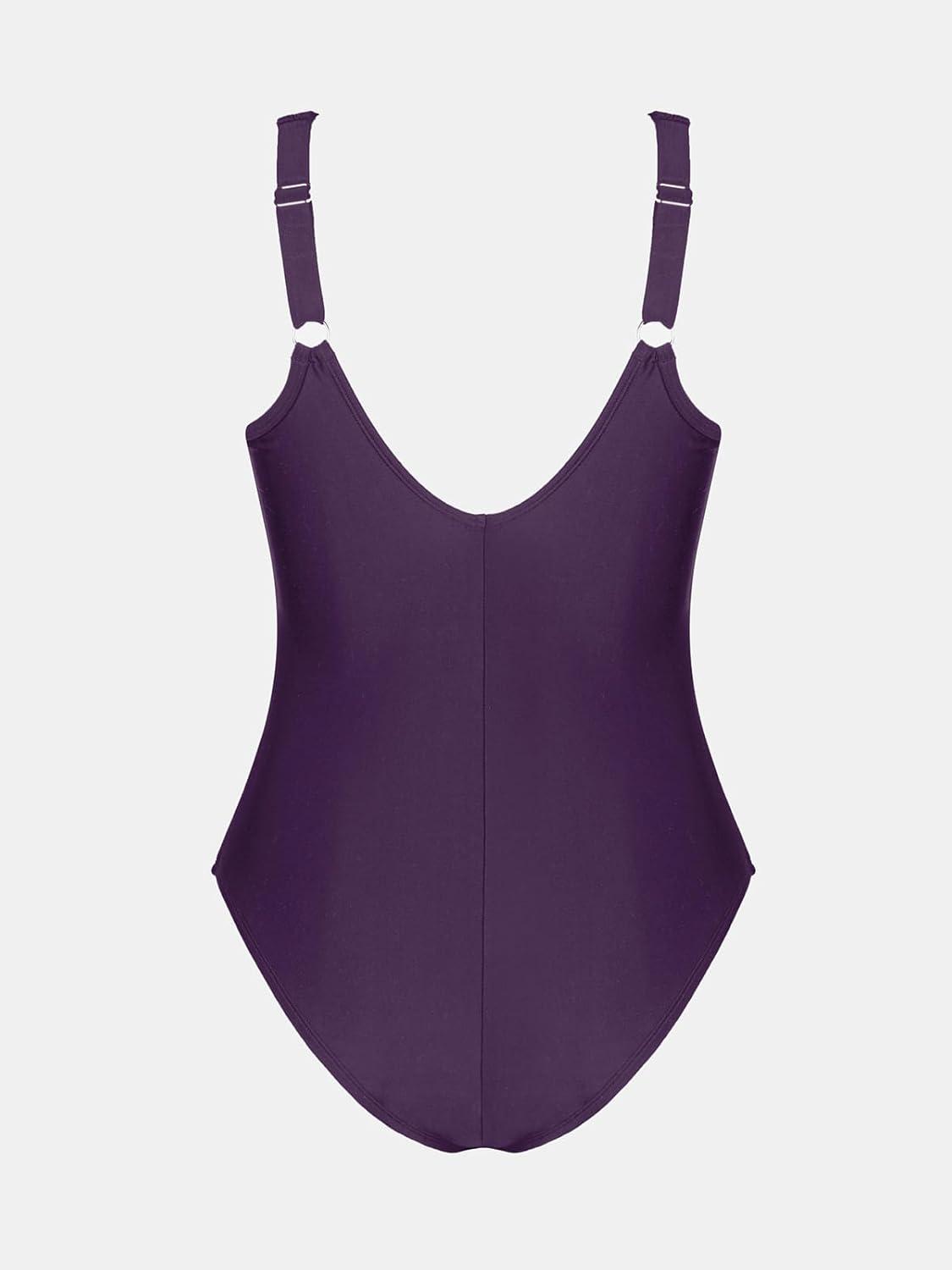 imageCUPSHE Women Plus Size One Piece Swimsuit V Neck Mesh Sheer Tummy Control Bathing Suit with Adjustable Wide StrapsBlackberry Wine