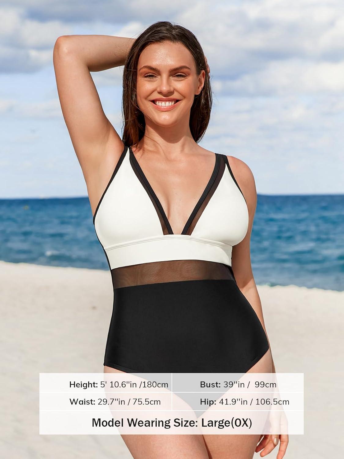 imageCUPSHE Women Plus Size One Piece Swimsuit V Neck Mesh Sheer Tummy Control Bathing Suit with Adjustable Wide StrapsWhiteBlack