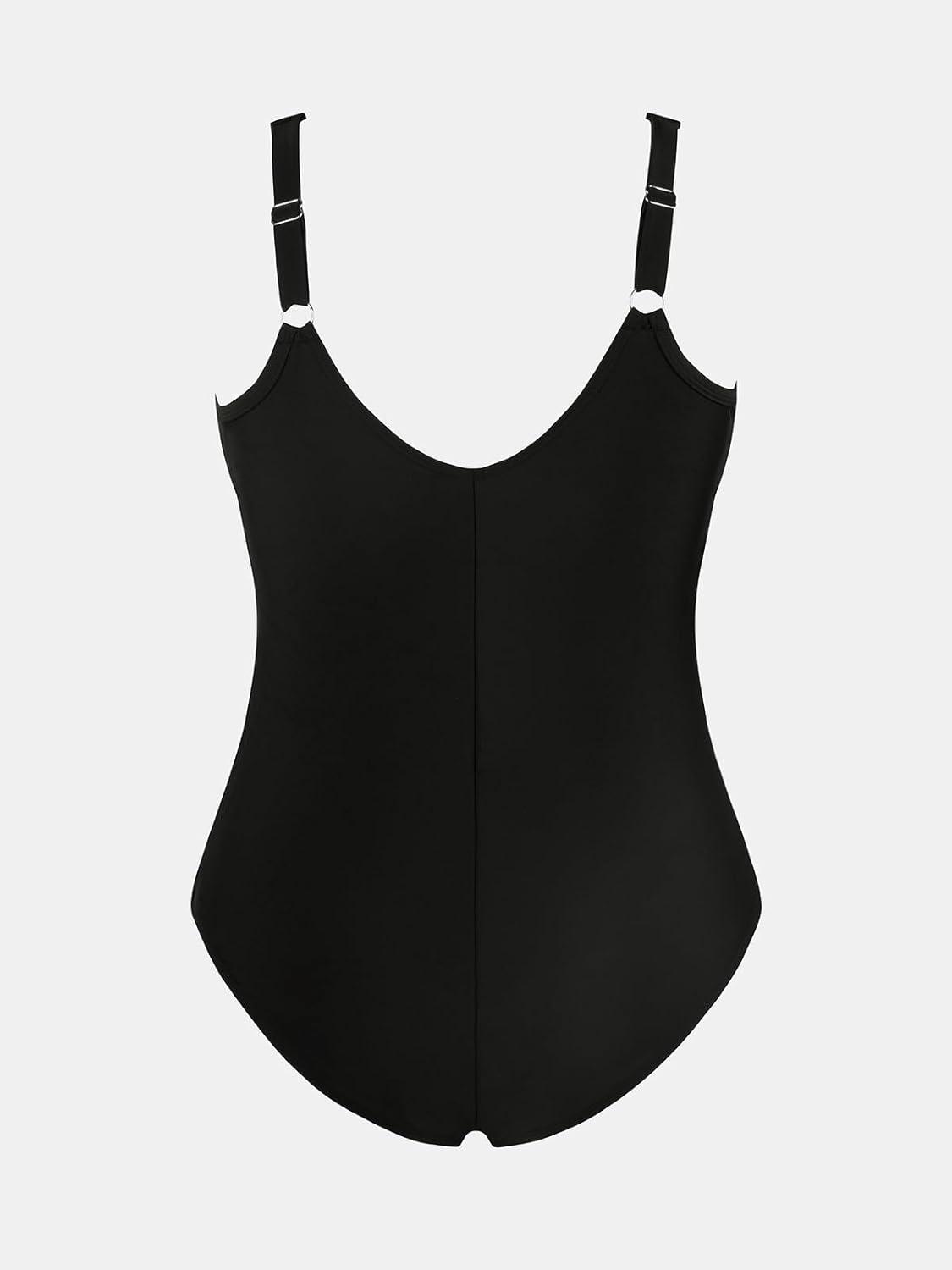 imageCUPSHE Women Plus Size One Piece Swimsuit V Neck Mesh Sheer Tummy Control Bathing Suit with Adjustable Wide StrapsWhiteBlack