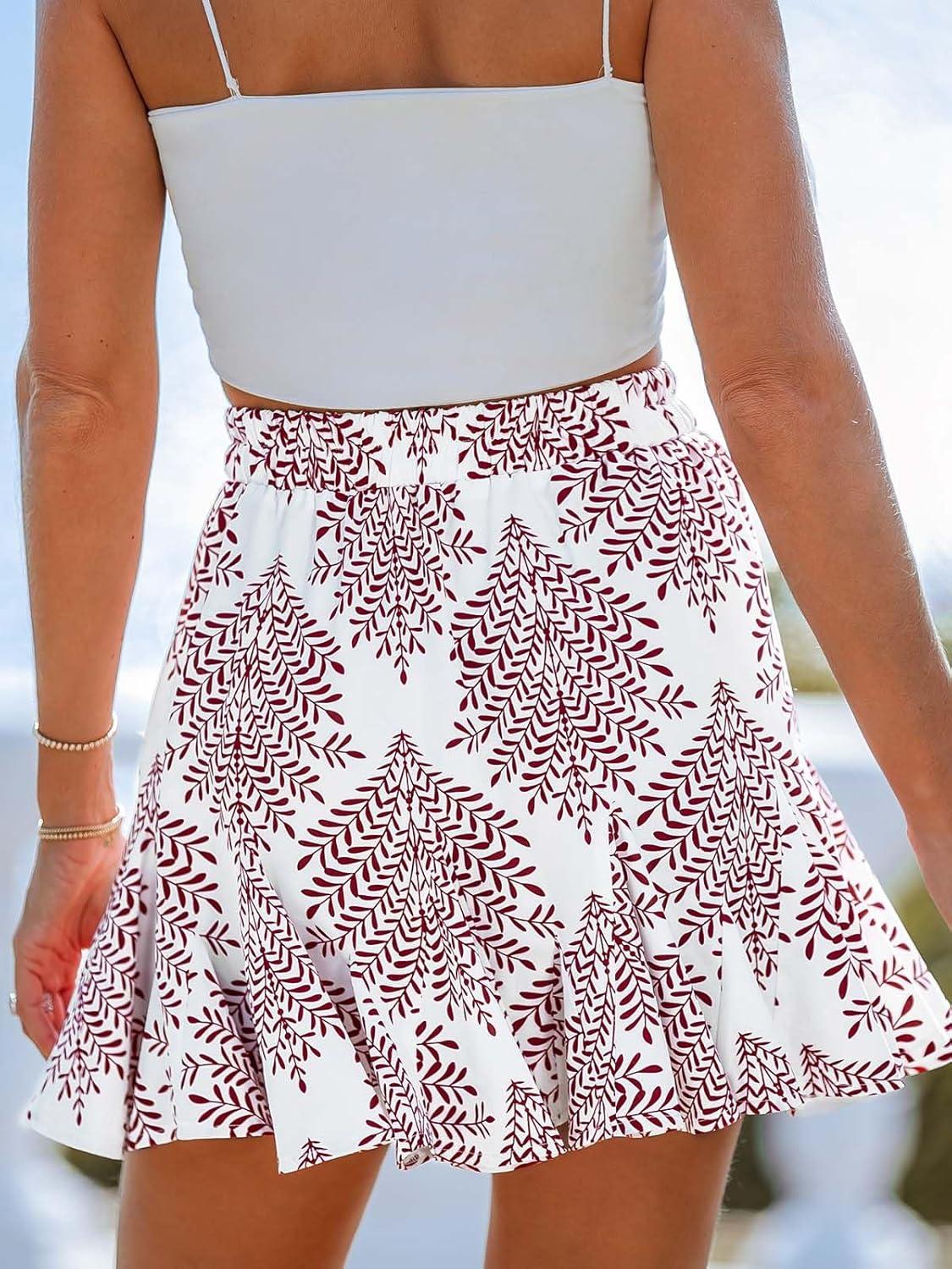 imageCUPSHE Women Summer Ethnic Print Drawstring Skirt Ruffled Hem Aline Mini Skirts CuteWhite